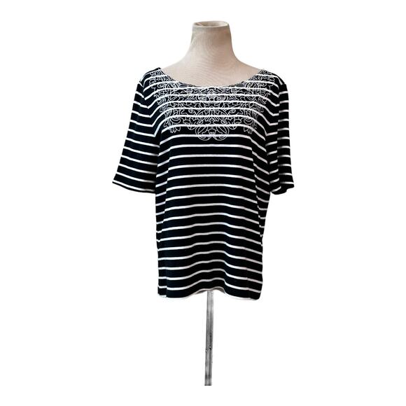 Rafaella black striped embroidered short sleeves top size large - Picture 7 of 9